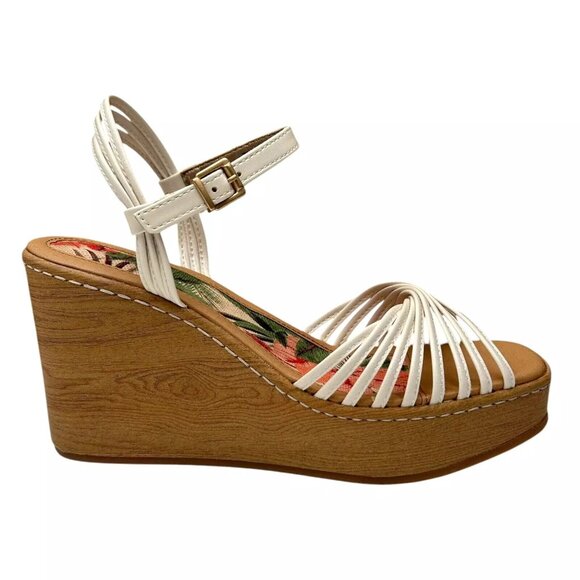 BOC Catalina Women's Platform Wedge Sandal Size 8 White/Tan Glossy Straps Twist - Picture 2 of 14